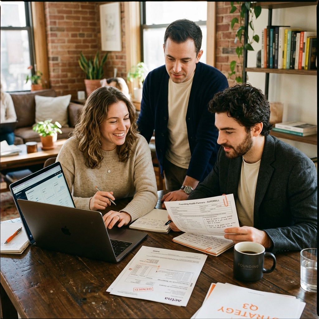 1600×1200, photoreal, warm light. Small founding team around a laptop + printed reports, candid.