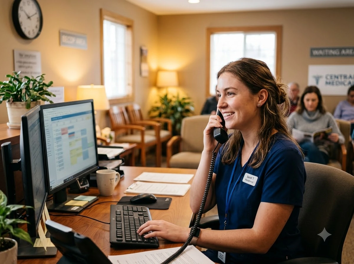Receptionist on the phone with patients in the waiting area