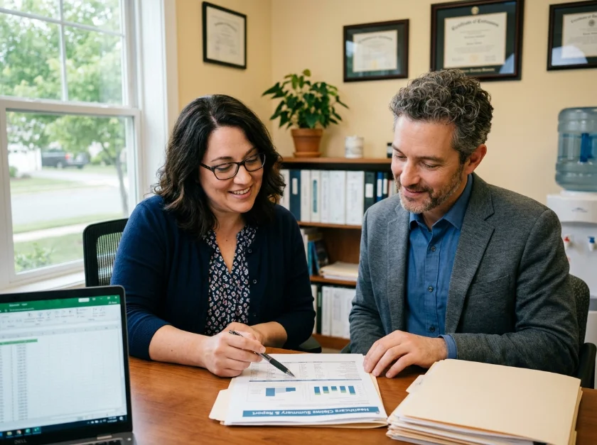 Billing specialist reviewing a claims summary report with a practice manager