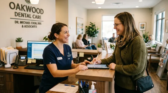 Front-desk staff checking in a patient at a dental office