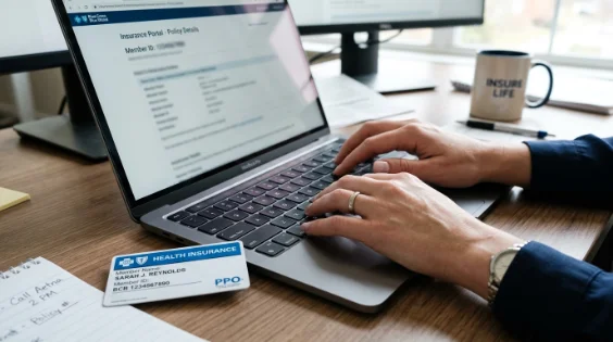 Insurance card and eligibility details being checked on a laptop