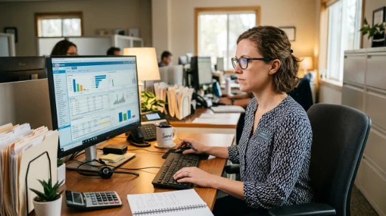 Billing specialist reviewing coding data on dual monitors