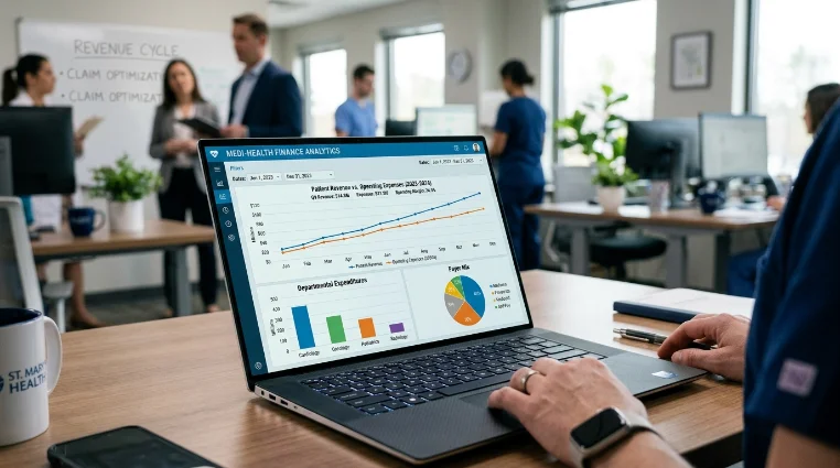 Laptop displaying a revenue cycle finance analytics dashboard in a busy office