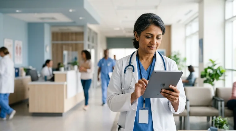 Doctor reviewing a tablet while walking through a modern clinical hallway