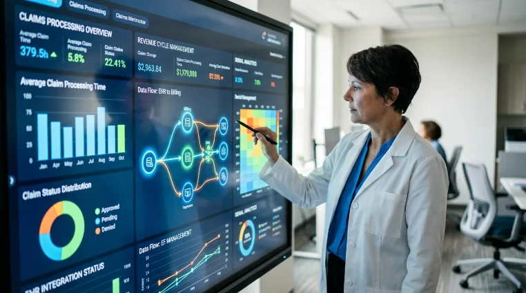 Clinician presenting an EHR and claims-processing dashboard on a large touchscreen