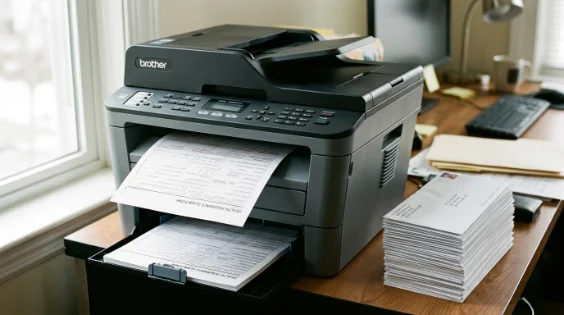 Printer sending paper insurance claim forms with envelopes ready to mail