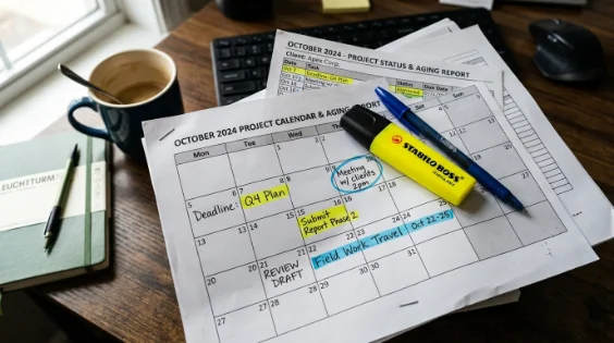 Accounts receivable aging report marked up with a highlighter on a desk