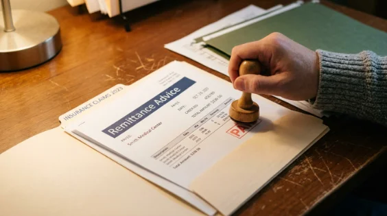 Remittance advice document being stamped and filed