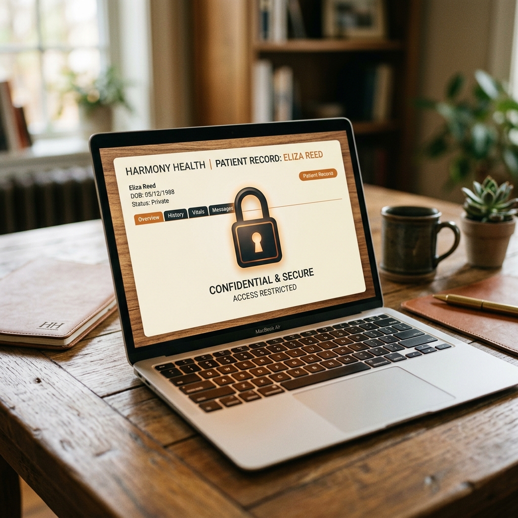 1600×1200, photoreal, cool techy light. Laptop close-up, padlock icon over patient records.