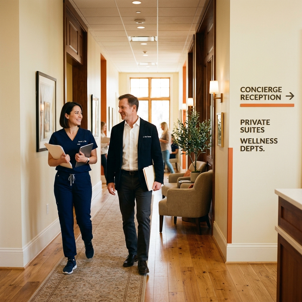 1600×1200, photoreal. Clinic hallway with dept signage, staff walking mid-stride, warm light.