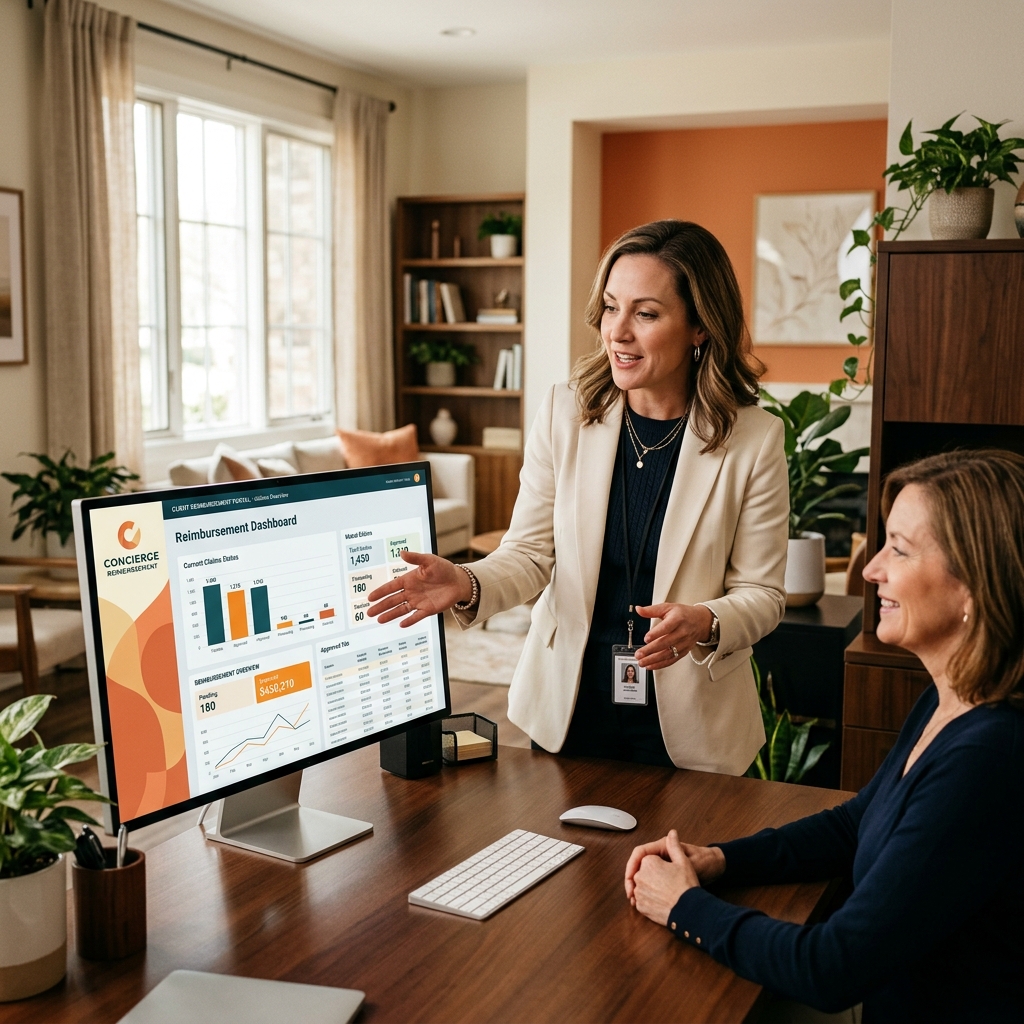1600×1200, photoreal, wide crop. Claims specialist gesturing at a reimbursement dashboard monitor.
