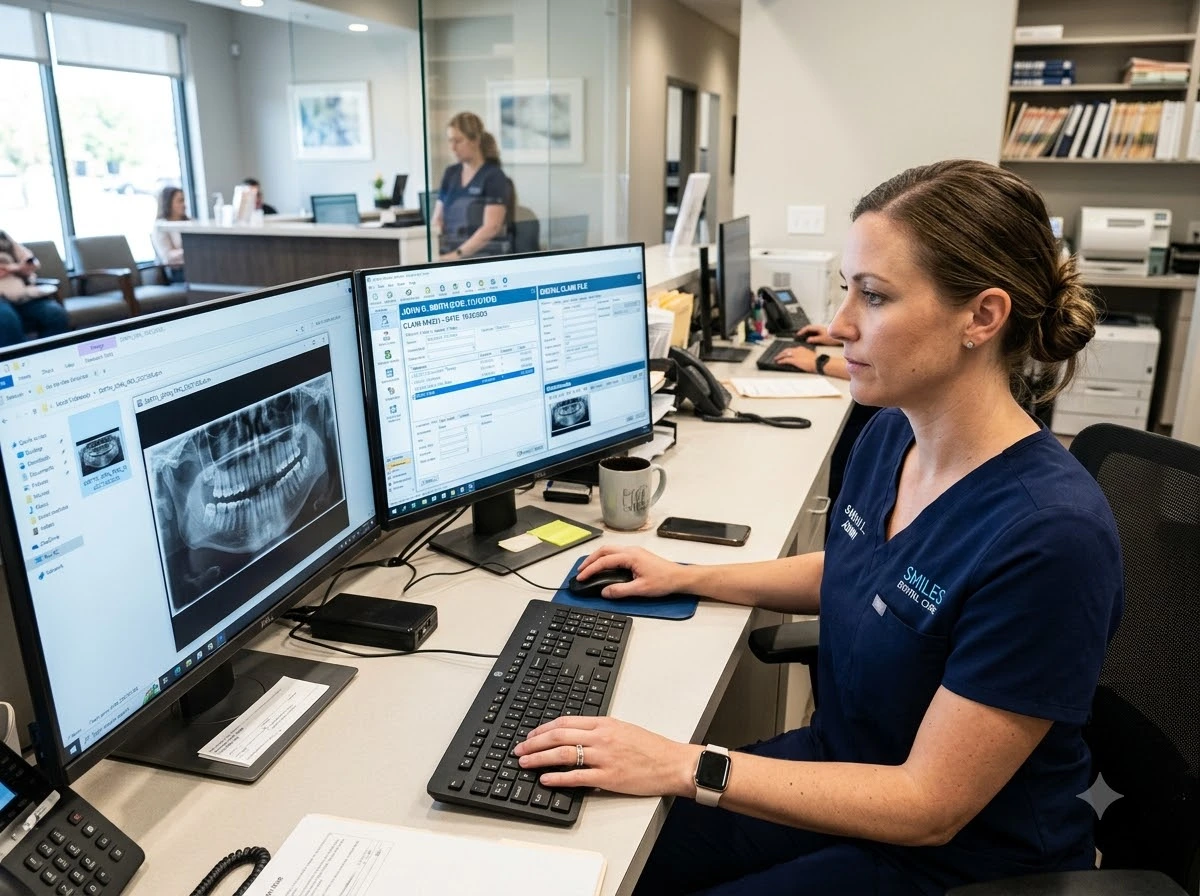 Dental staff attaching an X-ray image to a digital claim file on screen