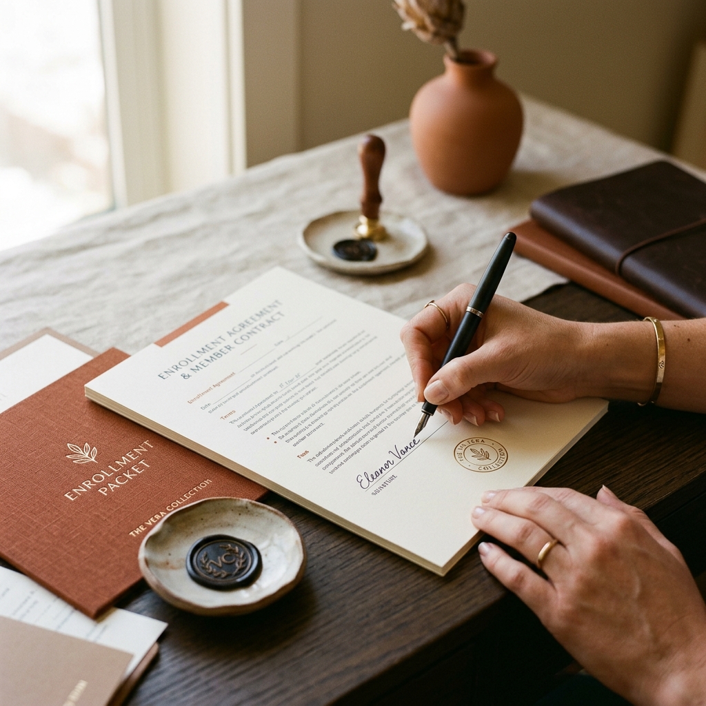 1600×1200, photoreal, close-up hands. Enrollment packet + contract + seal, pen on line.