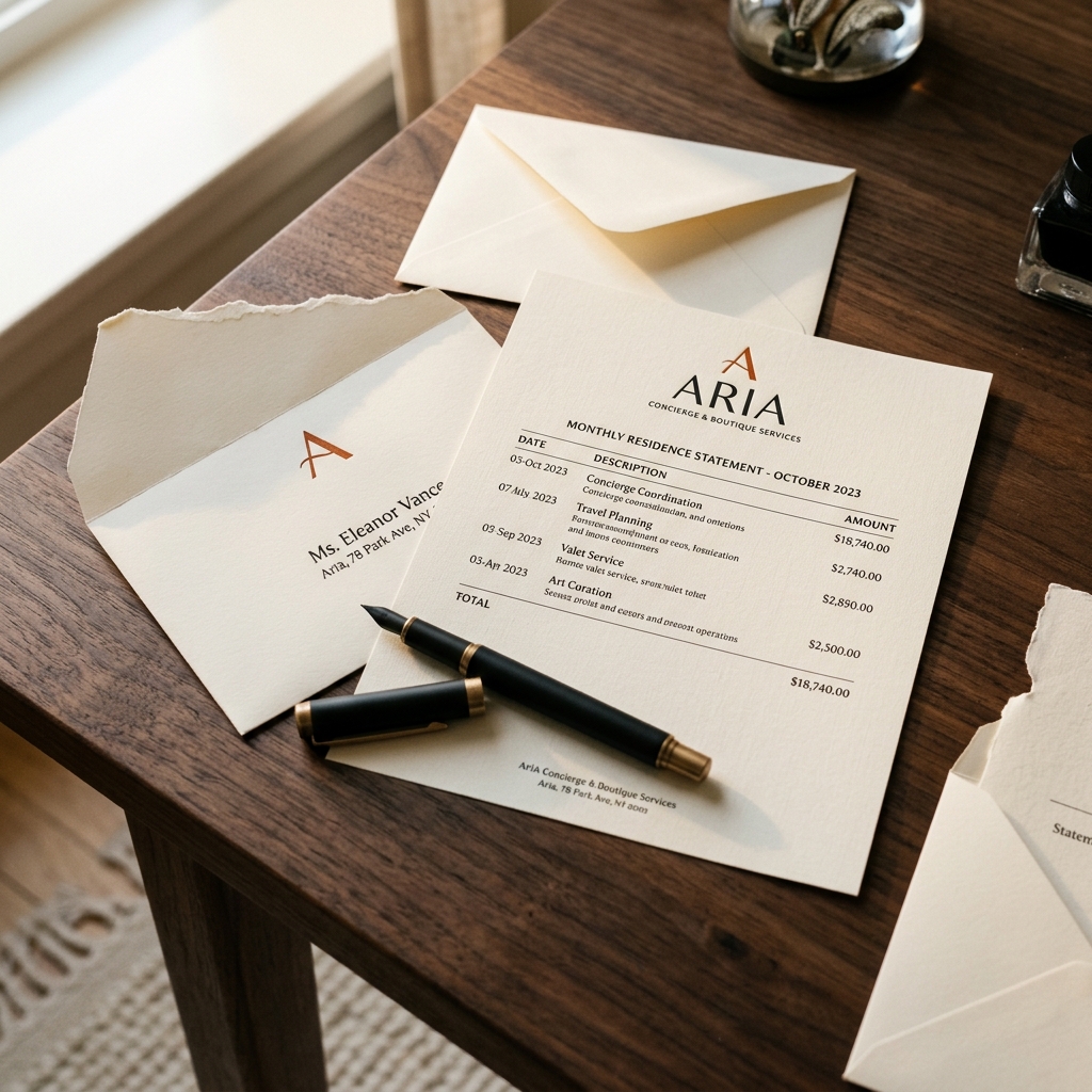 1600×1200, photoreal, tabletop only. Opened billing envelopes + itemized statement, pen.