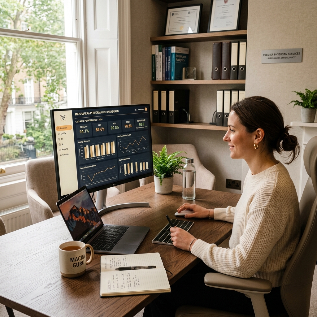 1600×1200, photoreal, wide desk shot. Revenue dashboard on monitor, analyst beside.