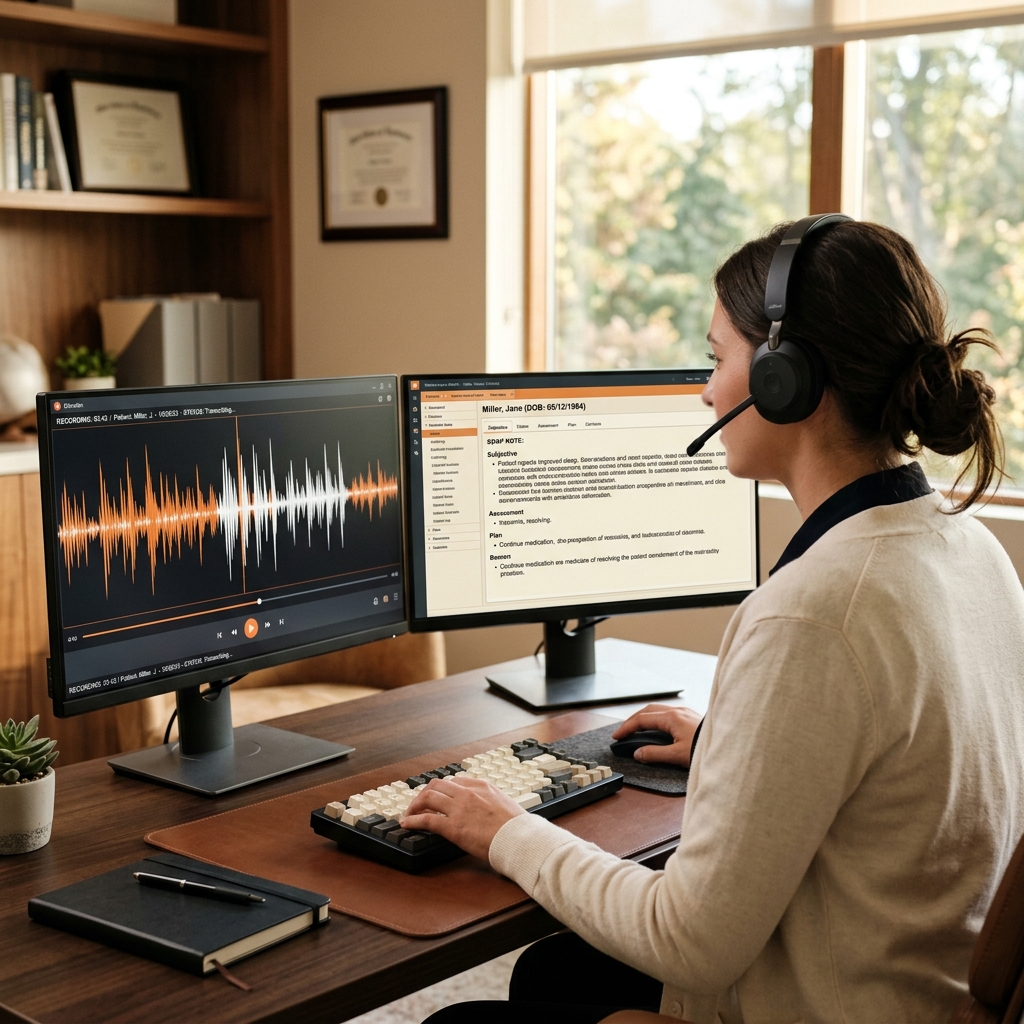 1600×1200, photoreal. Over-shoulder: headset, dictation waveform + chart note on monitors.